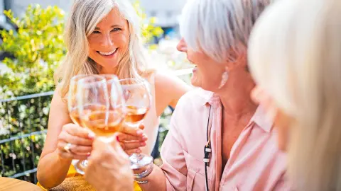 Seniorinnen stoßen mit Weißwein an-placeholder